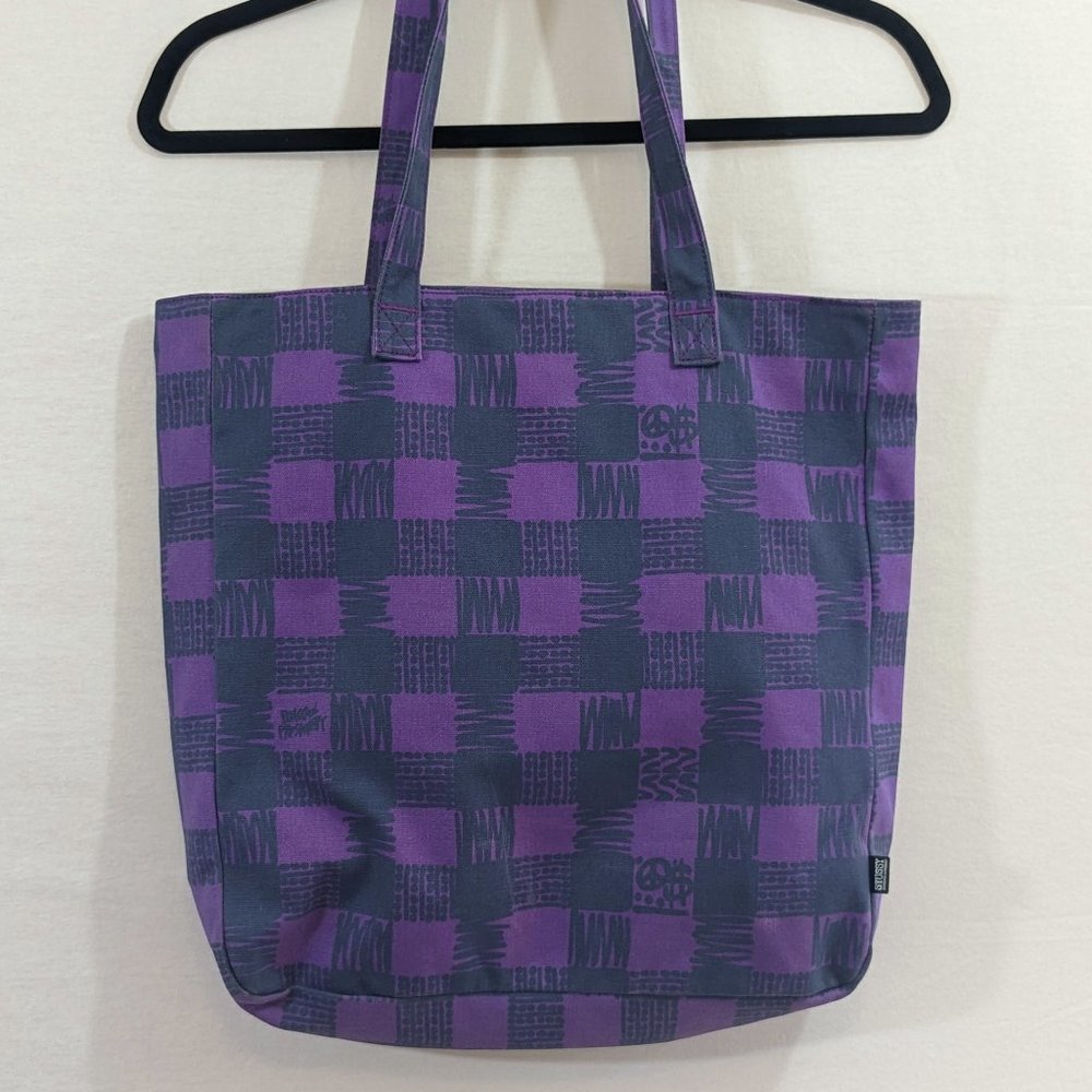 Stussy Peace and Prosperity Tote Bag Purple and Grey, Vintage Streetwear Style